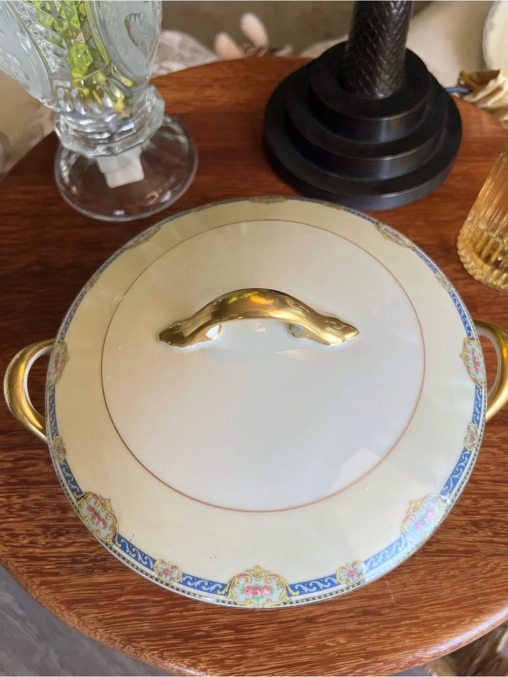Antique Limoges France Superieur Covered Vegetable Dish-Cobalt&Pink Roses Tureen